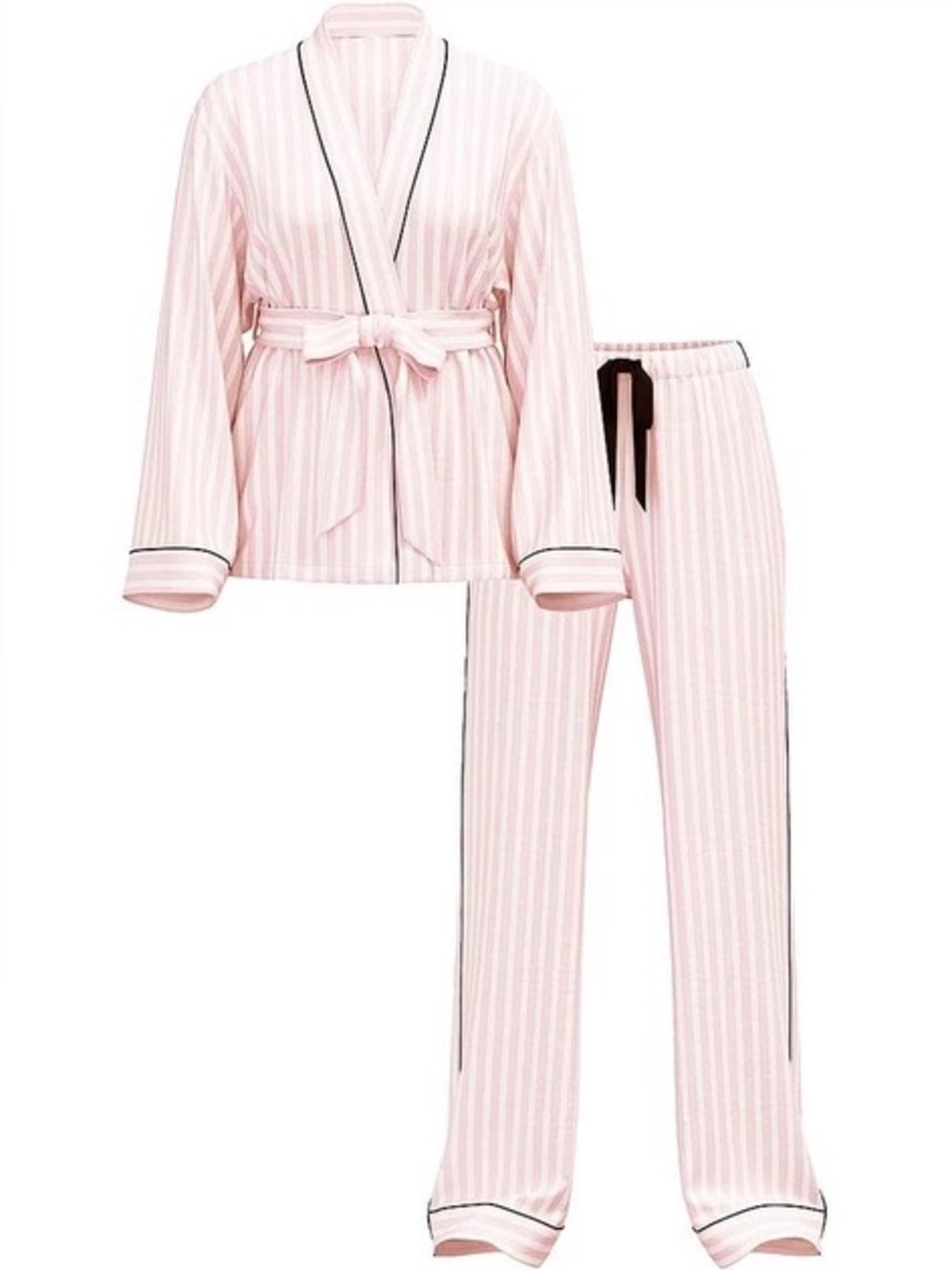 Victoria's Secret Light Pink Stripe Satin Pajama Set with Black Trim